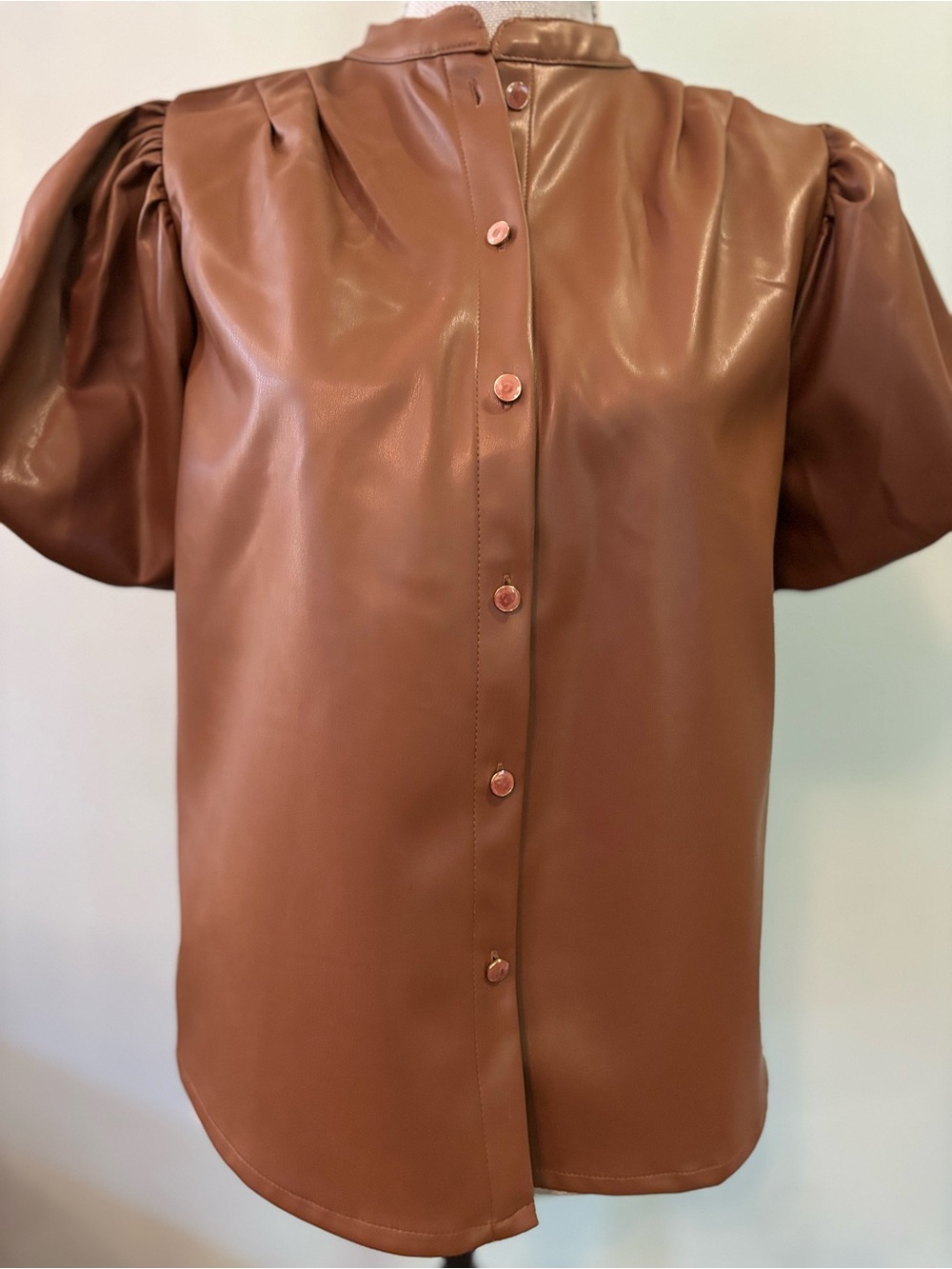Industry Republic Clothing Brown Faux Leather Puff Sleeve Button-Down Top